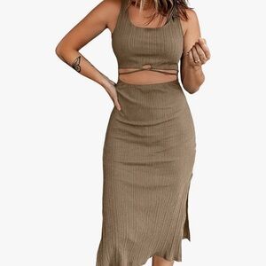 Khaki Ribbed Cut-Out Midi Dress – Size Small – NWOT